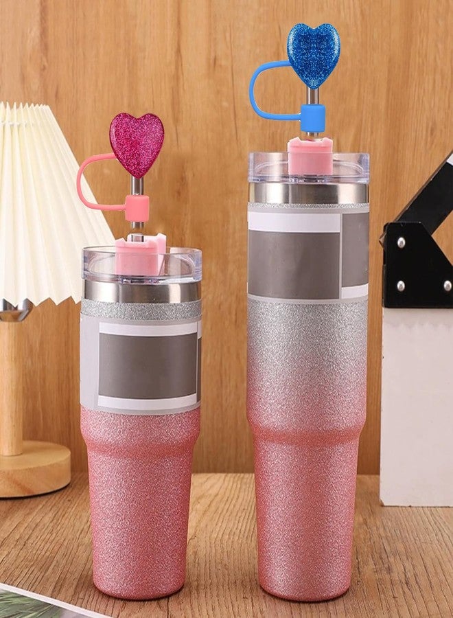 UCCASA 6Pcs Valentine's Day Straw Toppers 10mm Glitter Heart Silicone Straw Covers - Image 2